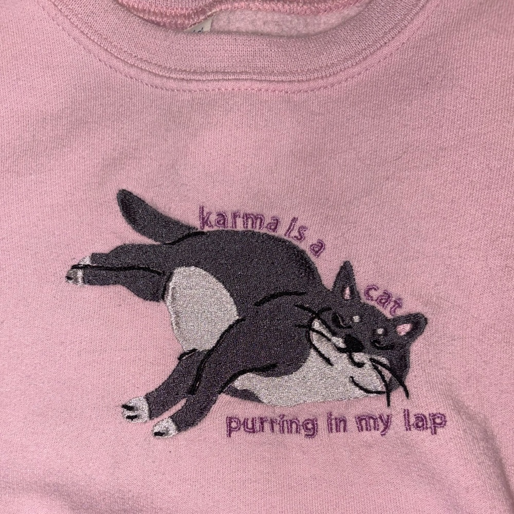Taylor Swift Karma Is A Cat Pink Crewneck Sweatshirt with Embroidered Cat